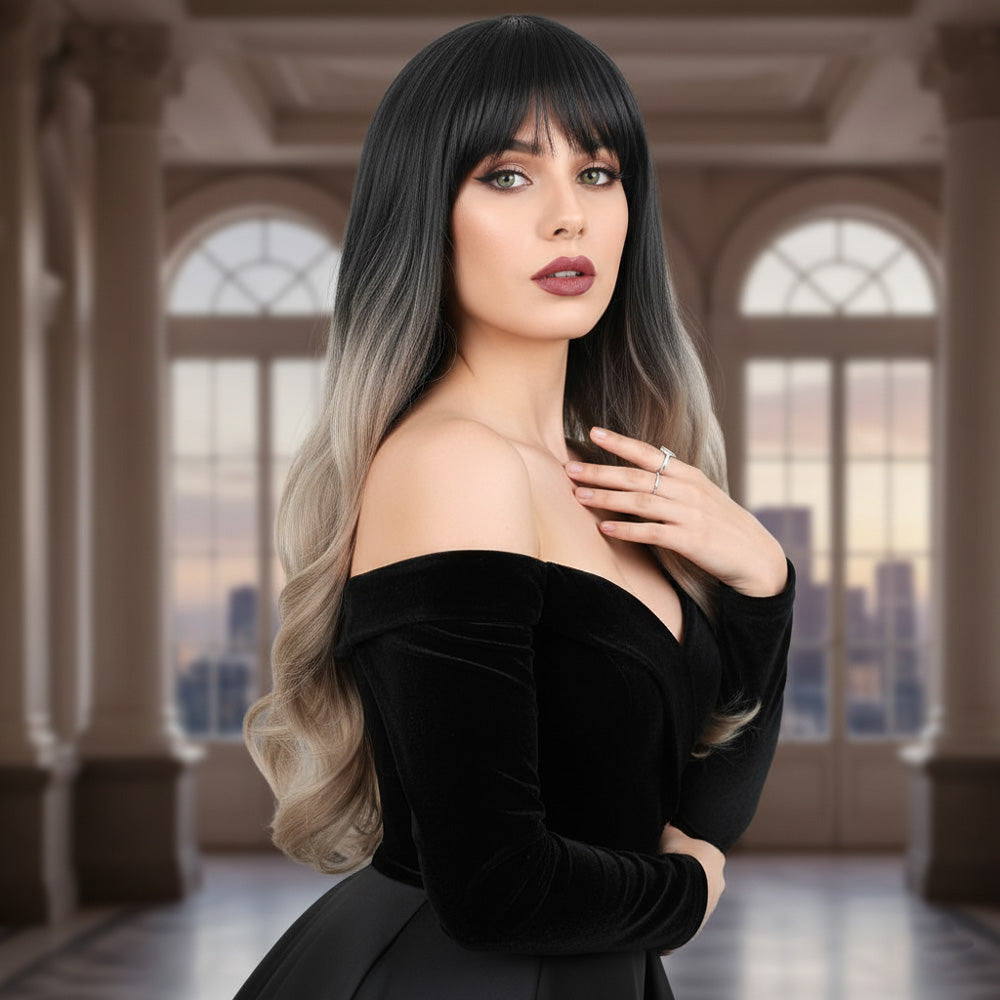 Kahküllü Uzun Dalgalı Fiber Sentetik Peruk - Siyah / Küllü Bebek Sarı Ombreli