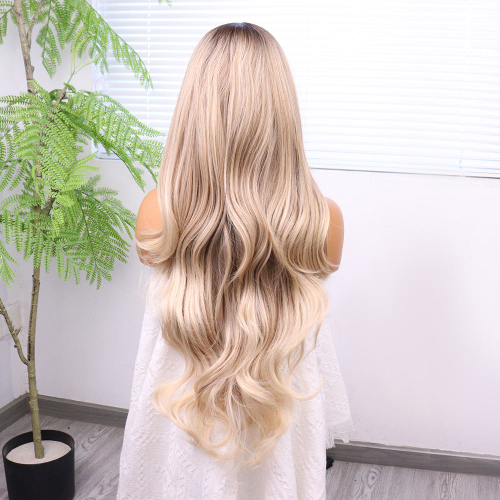 Kumral Platin Ombre ve Röfleli Bebek Saçlı Fiber Sentetik Tül Peruk