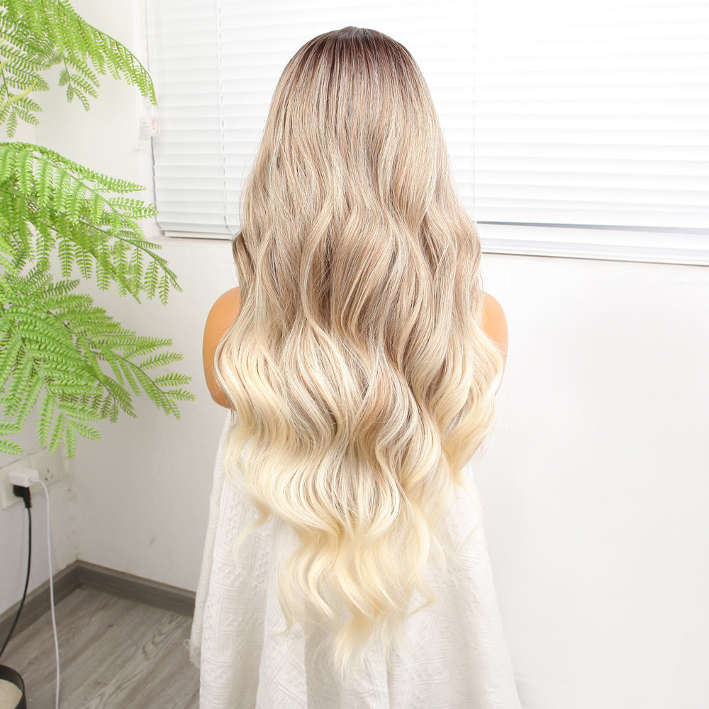 Kumral Platin Ombre ve Röfleli Fiber Sentetik Geniş Dalgalı Tül Peruk