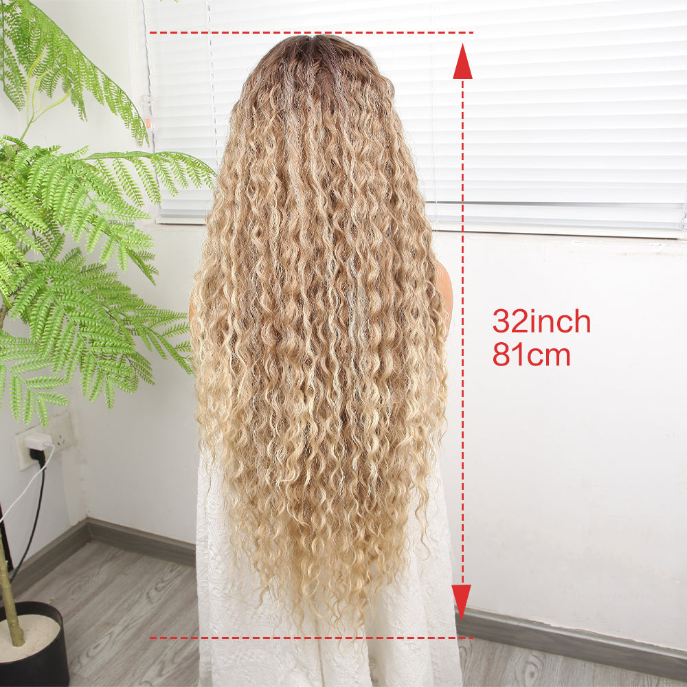 Afro Dalga Kumral Balköpüğü Ombre ve Röfleli Fiber Sentetik Tül Peruk