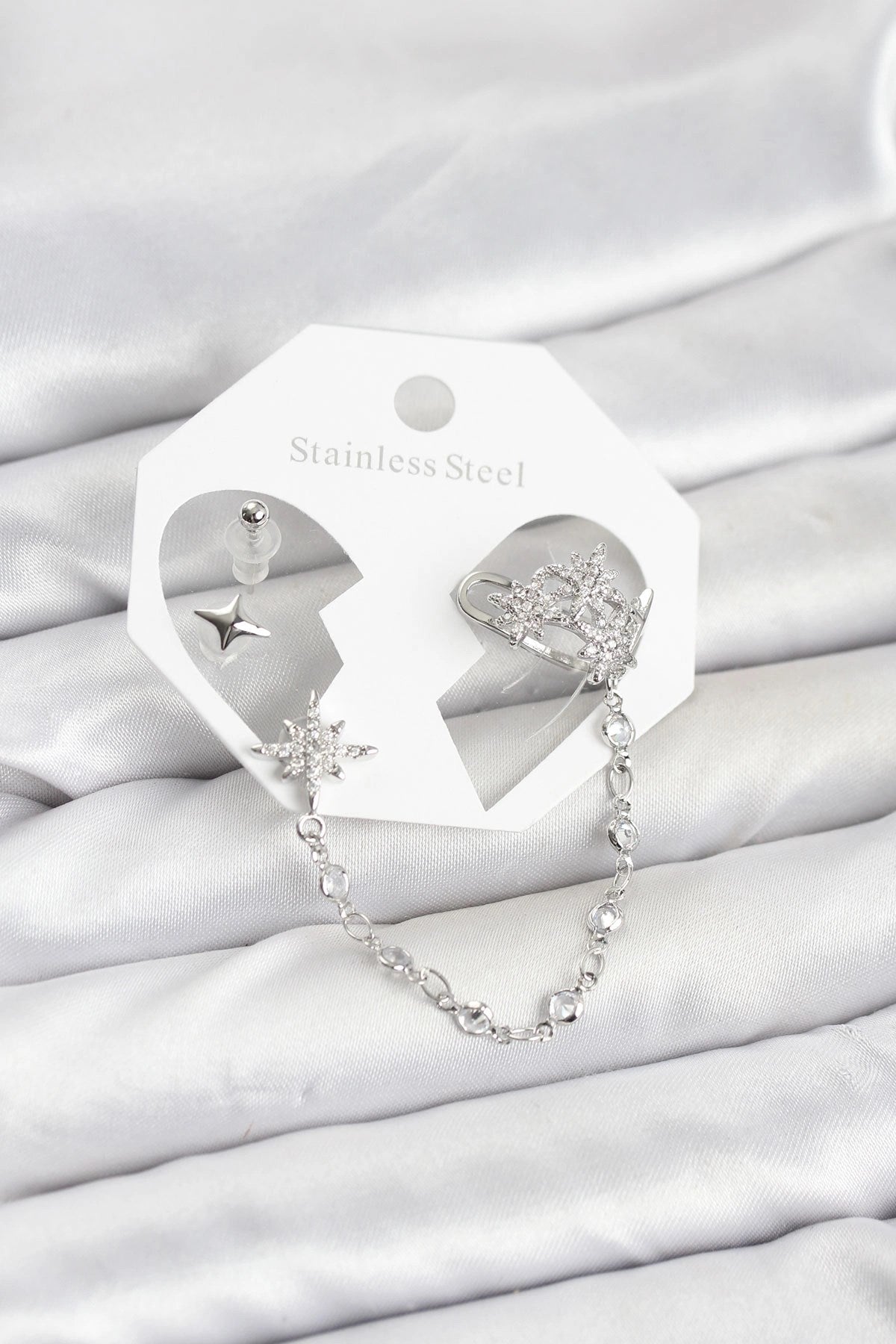 Kutup Yıldızı Model Pirinç Gümüş Renk Zincir Bağlantılı Ear Cuff Küpe Seti