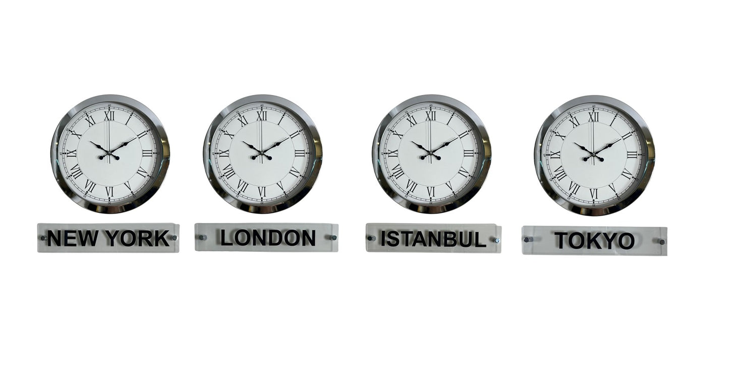 Krom Series 36 Cm Metal Tabelalı Dünya Saatleri Seti