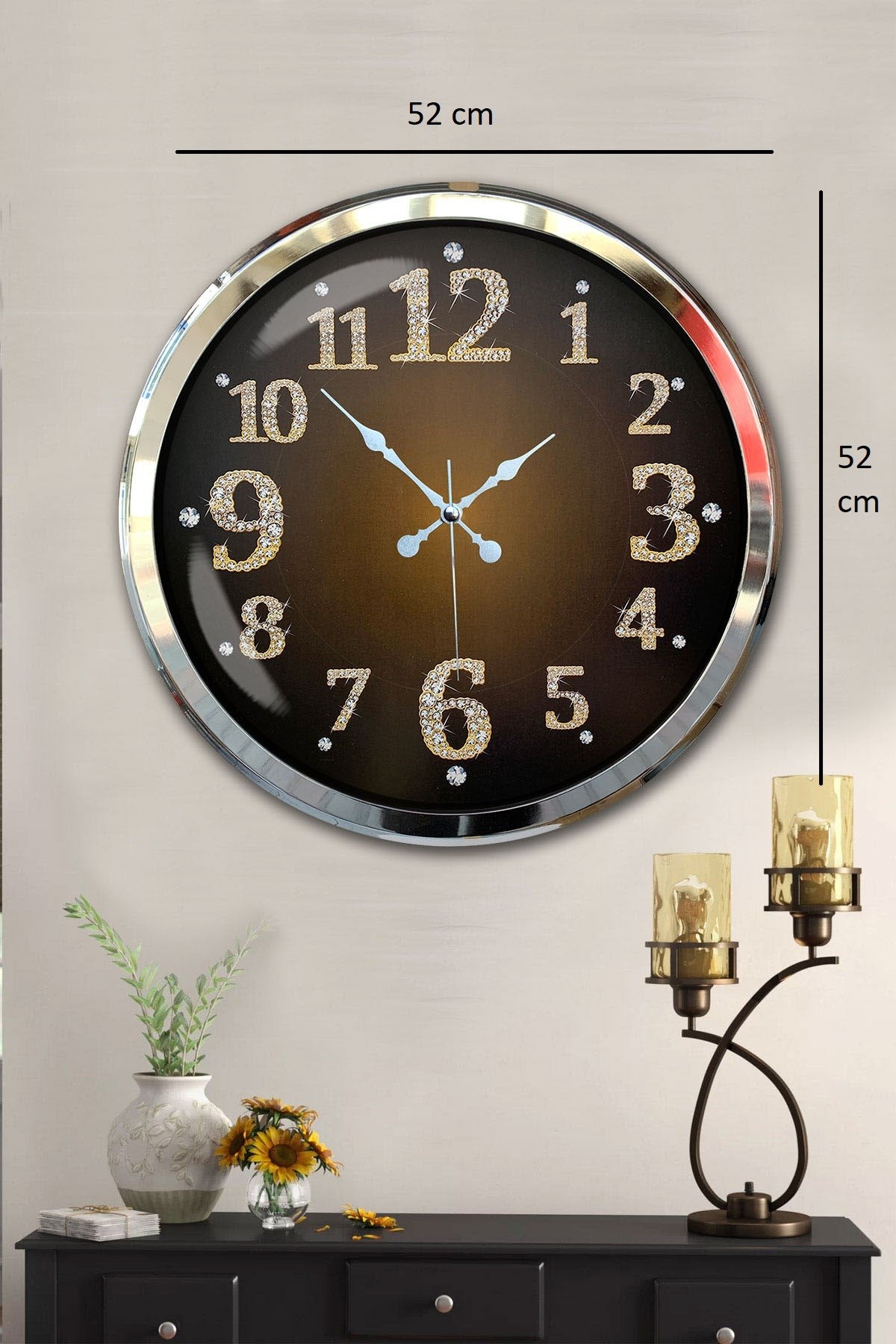 Krom Işıltılı Zaman 52 Cm Metal Duvar Saati