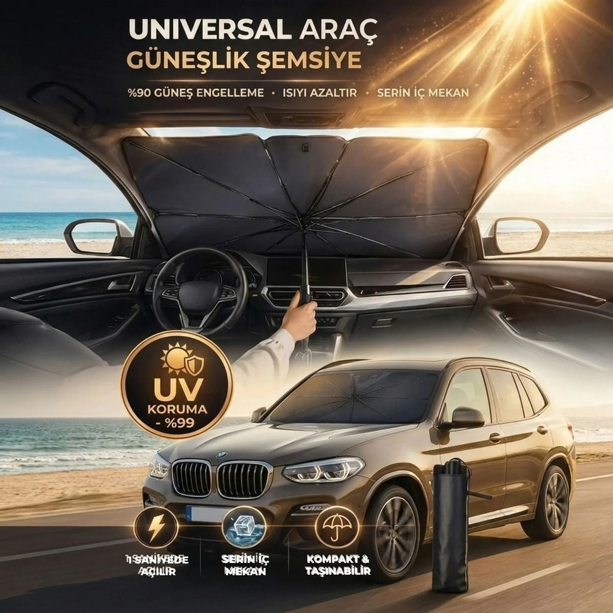 BUFFER® Premium Katlanabilir Araç Ön Cam Güneşliği – Şemsiye Tipi Oto Güneşlik, UV Korumalı Isı Yalıtımlı Ön Cam Gölgelik