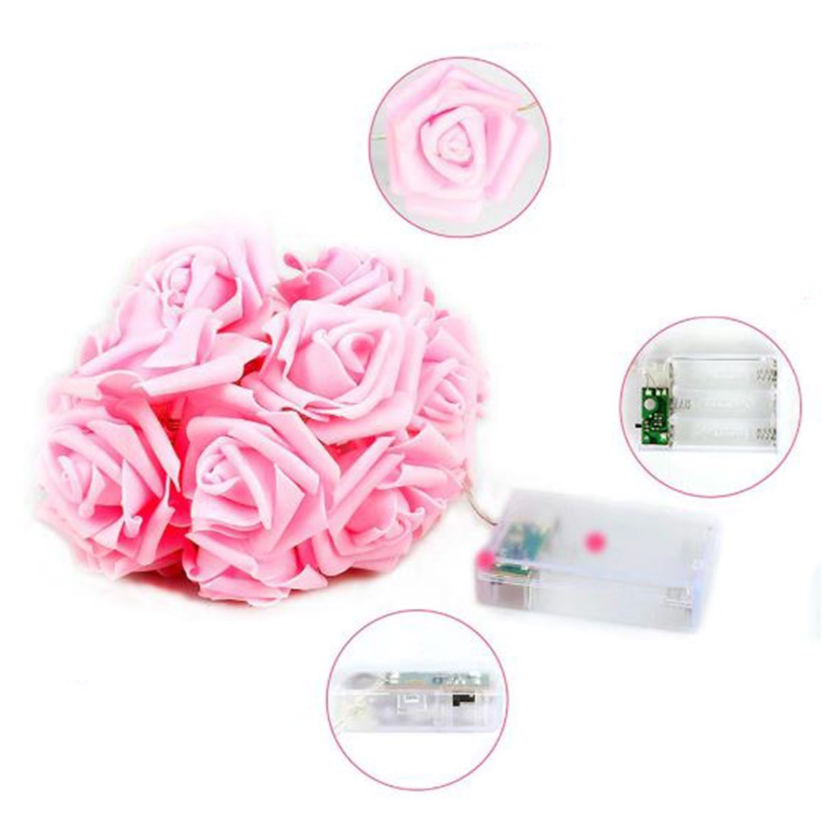 BUFFER® Yapay Gül Tasarımlı Dekoratif Led Işık Gül Detaylı Led Işık Pilli (20 Gül)