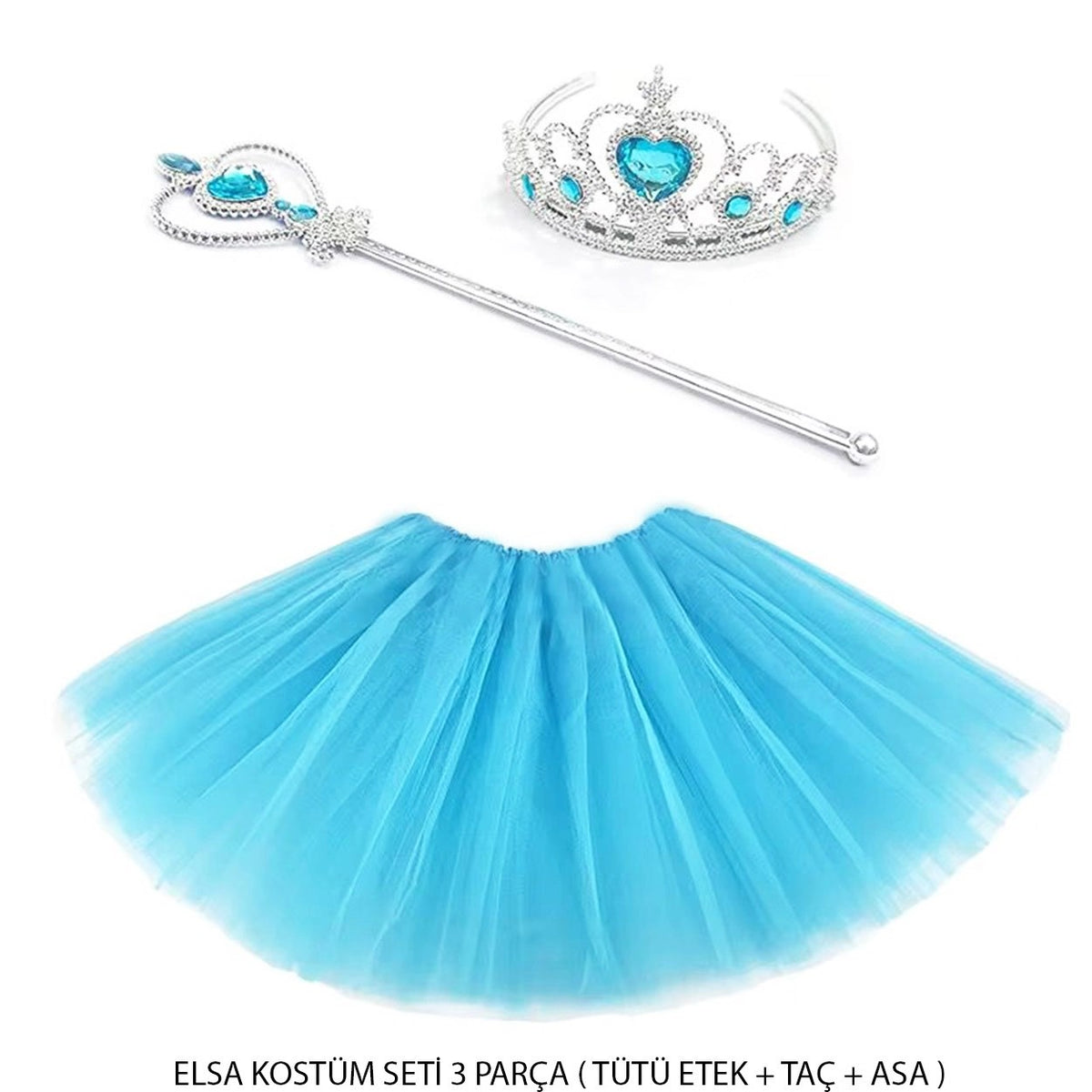 Mavi Prenses Elsa Kostüm Seti 3 Parça (Tütü Etek + Taç + Asa)