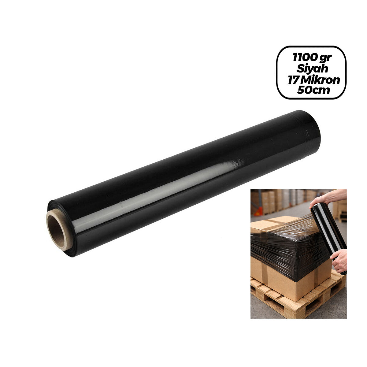 6 ADET BRÜT:1100GR = NET STREÇ:600GR SİYAH KOLİ - PALET STREÇ FİLM 17 MİKRON 50CM (5643)