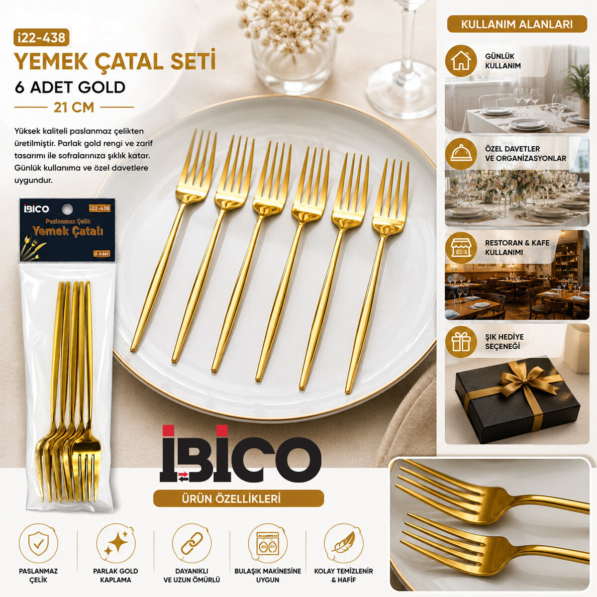 60 PARÇA GOLD YEMEK ÇATAL SETİ 21CM - 1 PAKET İÇİNDE 6 ADET VARDIR - 10 PAKET GÖNDERİLİR (5643)