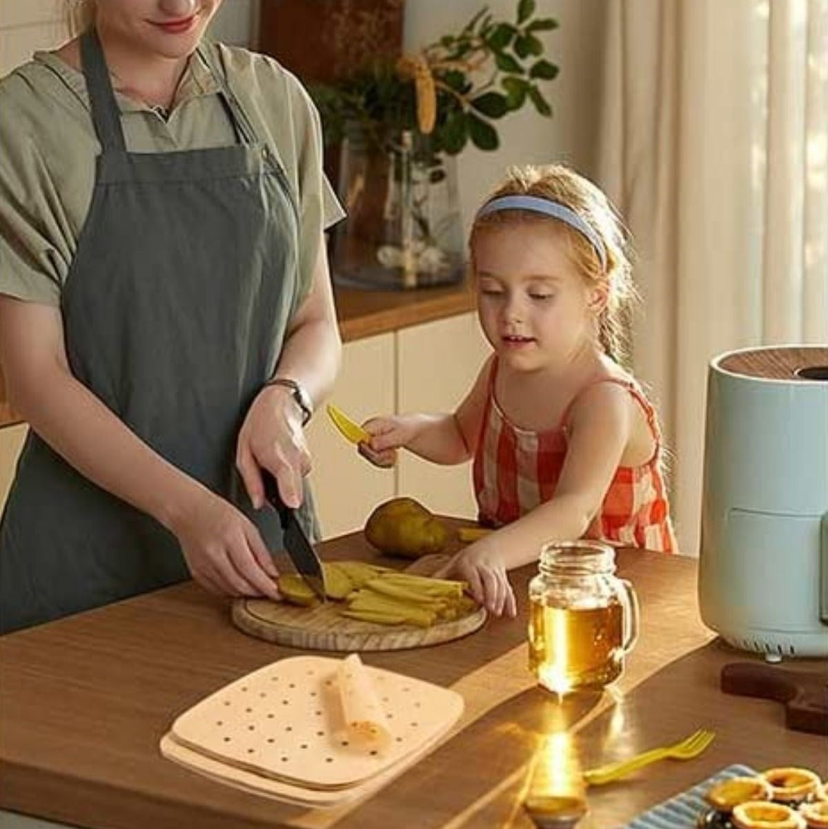 BUFFER® 250 Adet Air Fryer Pişirme Kağıdı Tek Kullanımlık Hava Fritöz Yağ Geçirmez Yapışmaz Gıda Pişirme Kağıdı Delikli Kare Model