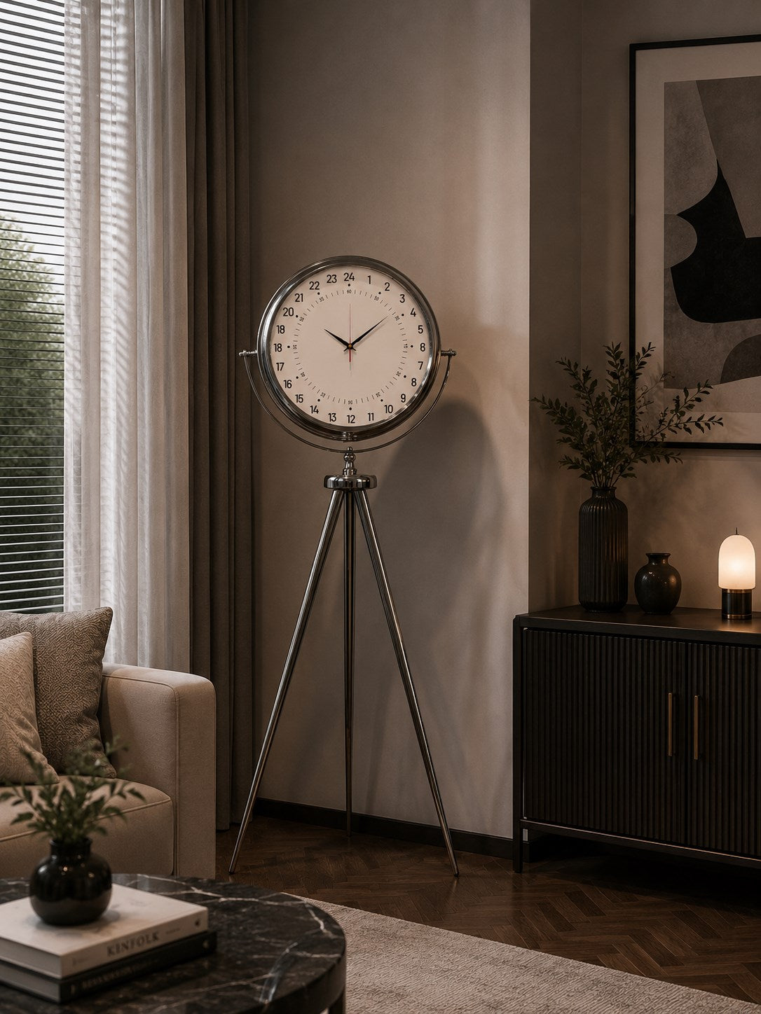 Krom 24 Saat Göstergeli 150 x 45 Cm Metal Özel Tasarım Tripod Ayaklı Saat