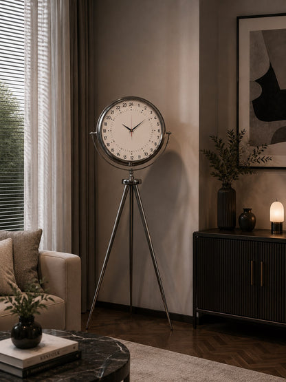 Krom 24 Saat Göstergeli 150 x 45 Cm Metal Özel Tasarım Tripod Ayaklı Saat