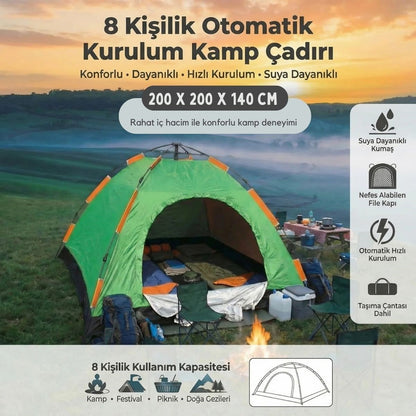 BUFFER® 8 Kişilik Otomatik Kurulum Kamp Çadırı – Outdoor, Suya Dayanıklı Hızlı Kurulum Piknik ve Doğa İçin Geniş Aile Çadırı 250x250x165 cm