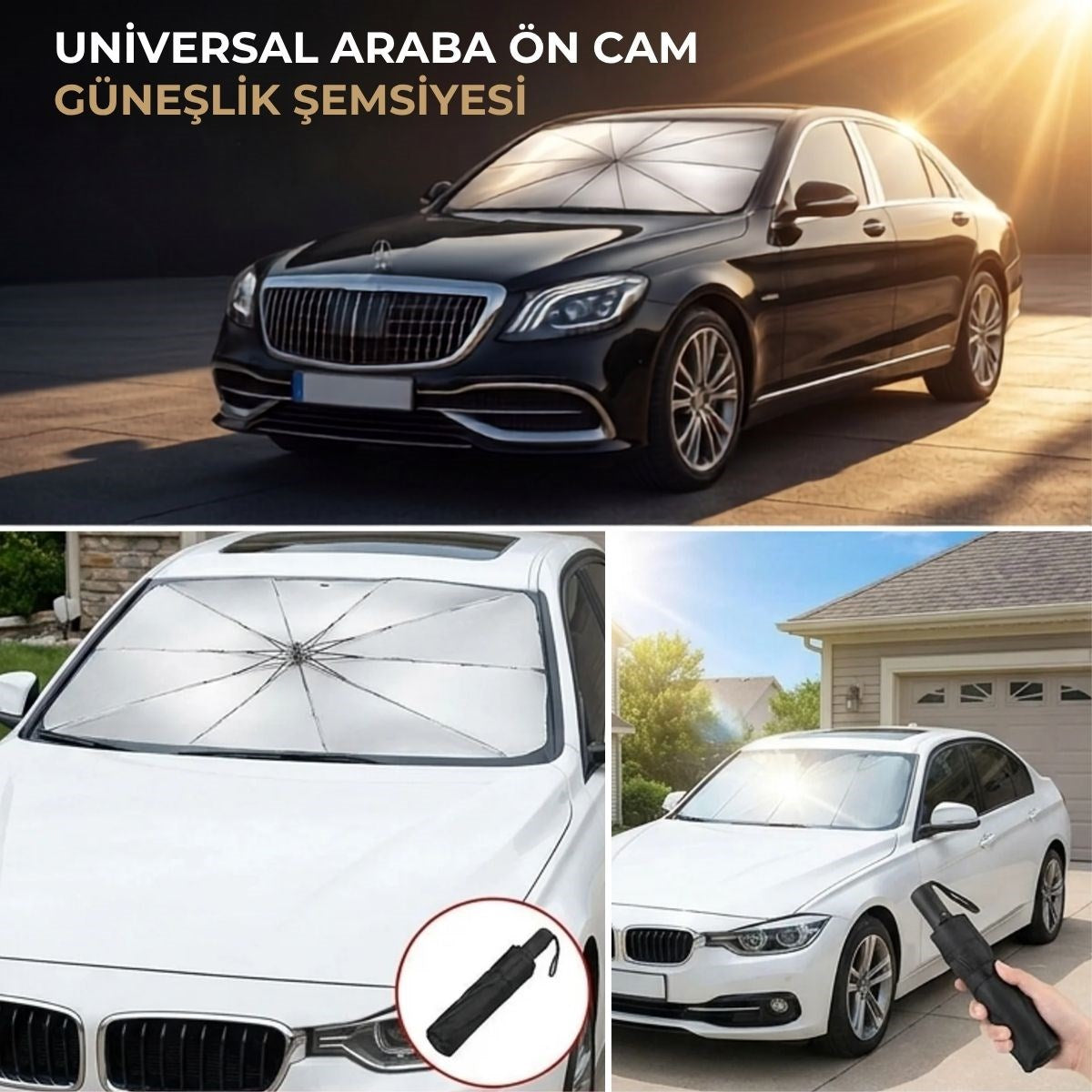 BUFFER® Premium Katlanabilir Araç Ön Cam Güneşliği – Şemsiye Tipi Oto Güneşlik, UV Korumalı Isı Yalıtımlı Ön Cam Gölgelik