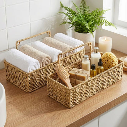 BUFFER® 2’li Duvar Askılı Plastik Rattan Organizer – Dikdörtgen Hasır Görünümlü Mutfak Raf Sepeti, Banyo ve Ev İçi Düzenleme Ünitesi