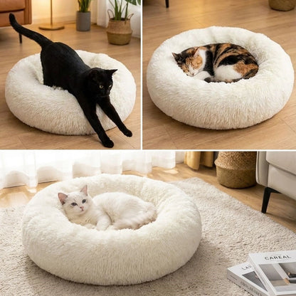 BUFFER® Yuvarlak Ultra Yumuşak Welsoft Peluş Kedi ve Köpek Yatağı – Kaymaz Taban Tüylü Pet Pufu,Uyku Minderi (krem)