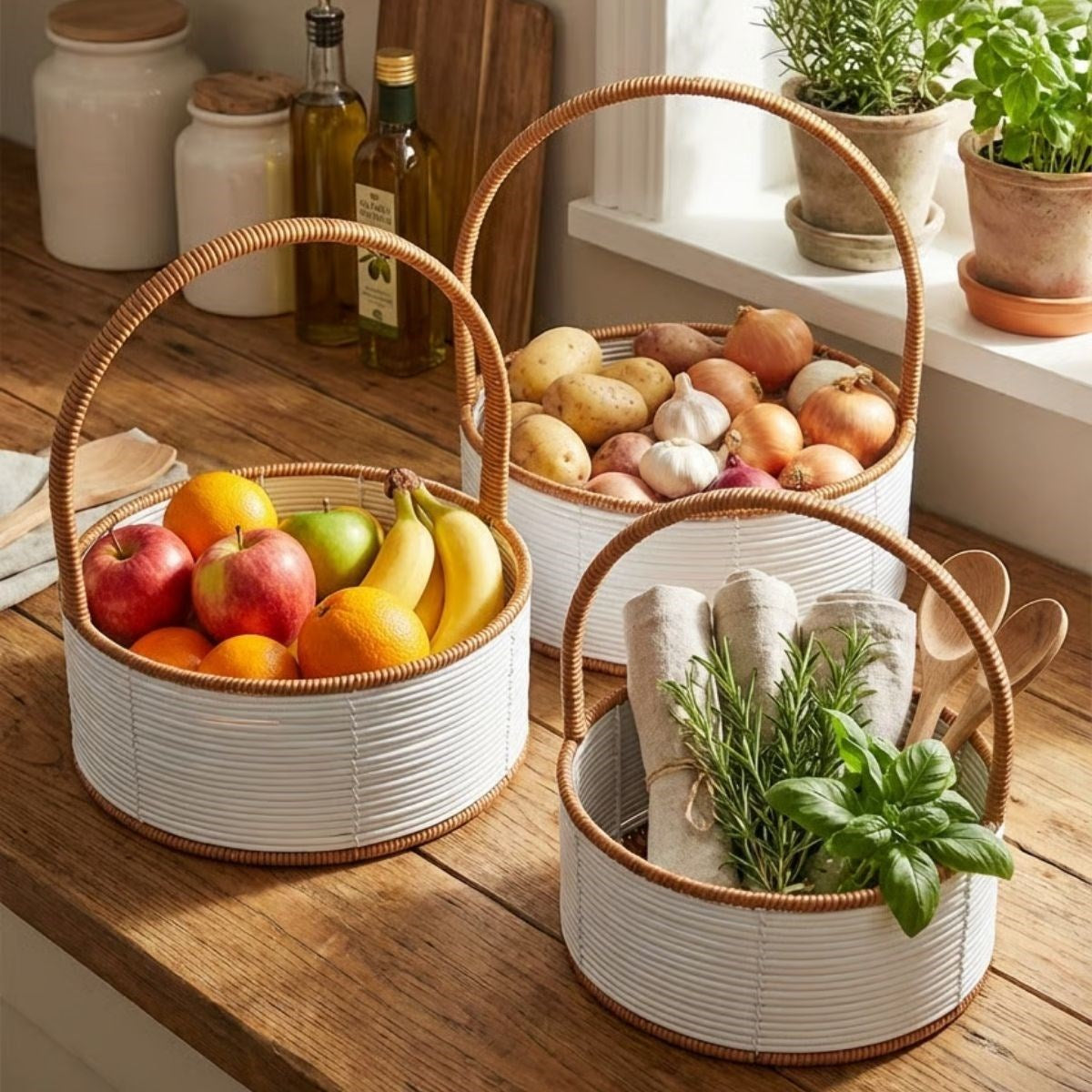 BUFFER® 3 Boy İç İçe Geçebilen Plastik Rattan Sepetler–Beyaz Renkli,Kahverengi Saplı, Çok Amaçlı Düzenleyici ve Sunum Sepeti Seti