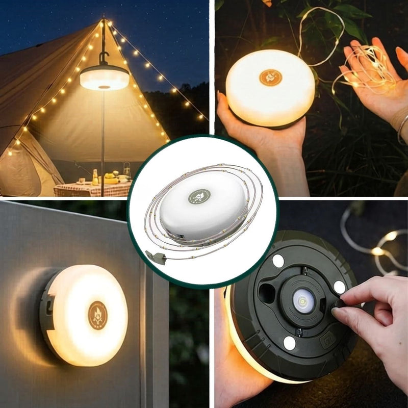 BUFFER® 2’si 1 Arada 5 Farklı Işık Modlu Gün Işığı Şarjlı Kamp Lambası ve Makaralı 10 Metre Peri LED Işık – Su Geçirmez Mıknatıslı Aydınlatma Feneri