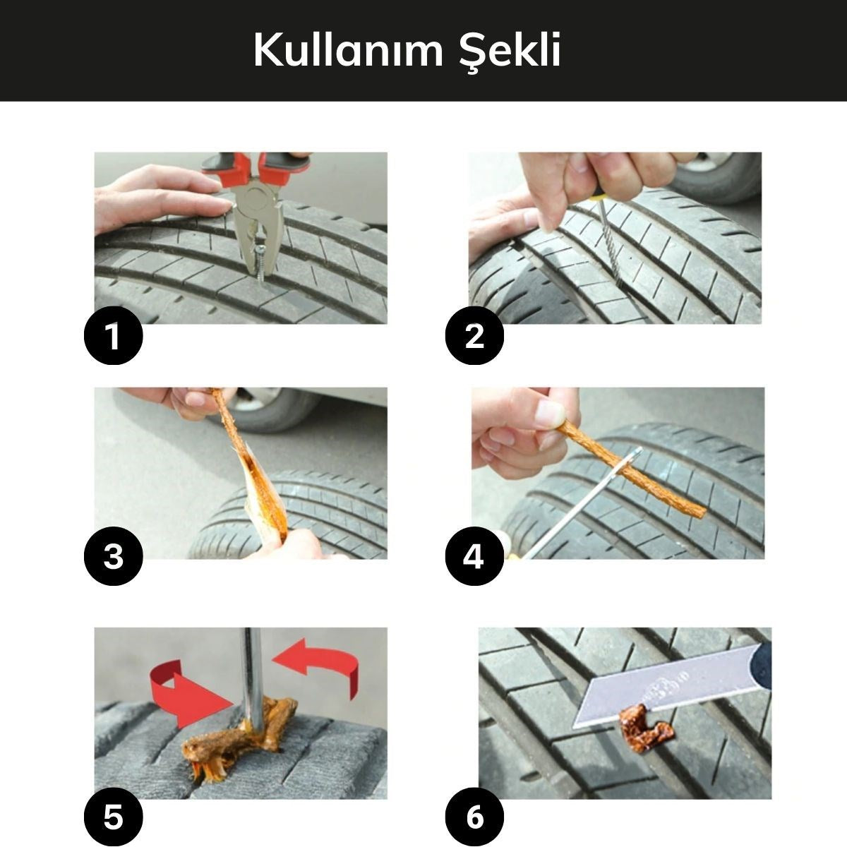 BUFFER® 6 Parça Araba Motosiklet Otomobil Bisiklet Lastik Tamir Kiti Araç Bakım Seti