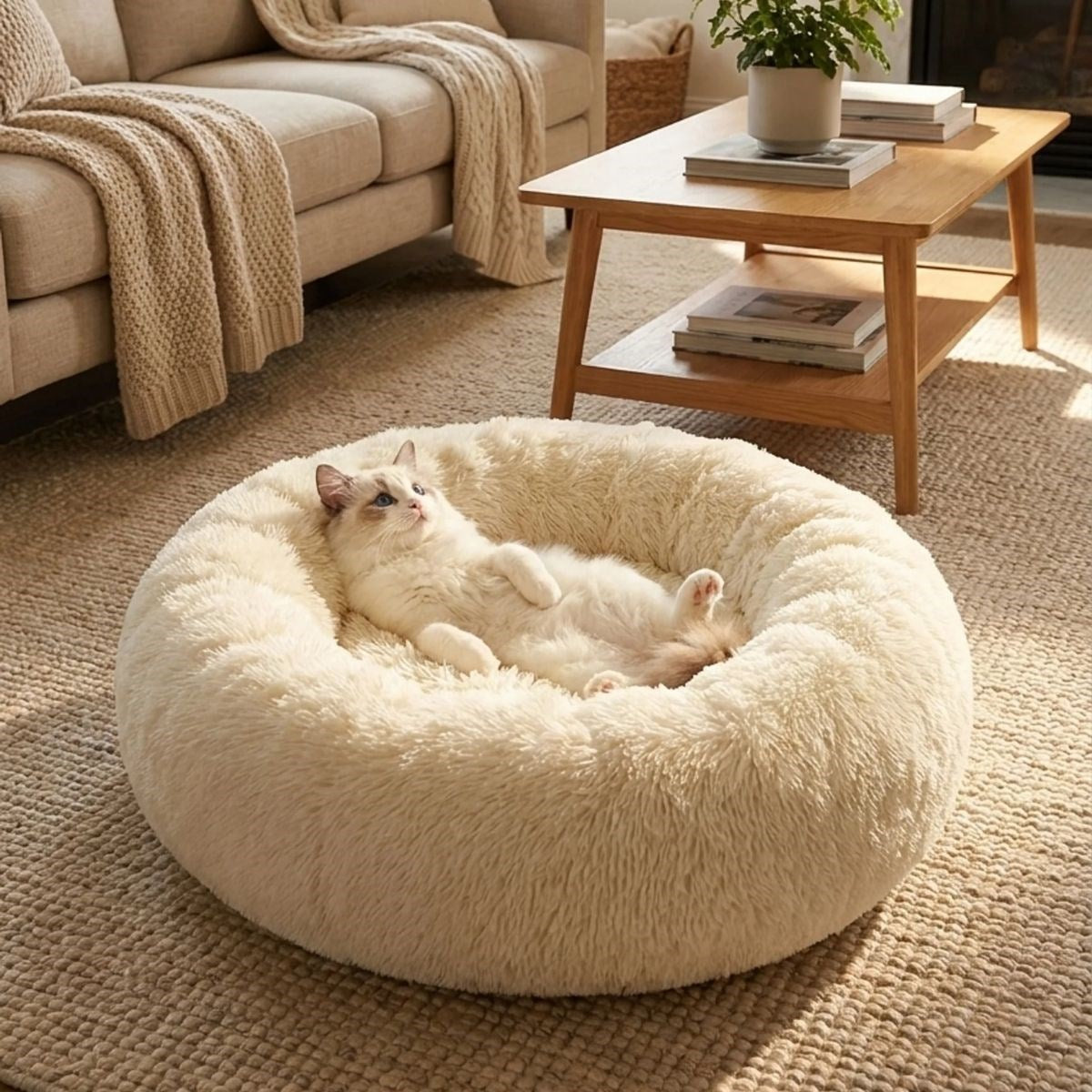 BUFFER® Yuvarlak Ultra Yumuşak Welsoft Peluş Kedi ve Köpek Yatağı – Kaymaz Taban Tüylü Pet Pufu,Uyku Minderi (krem)