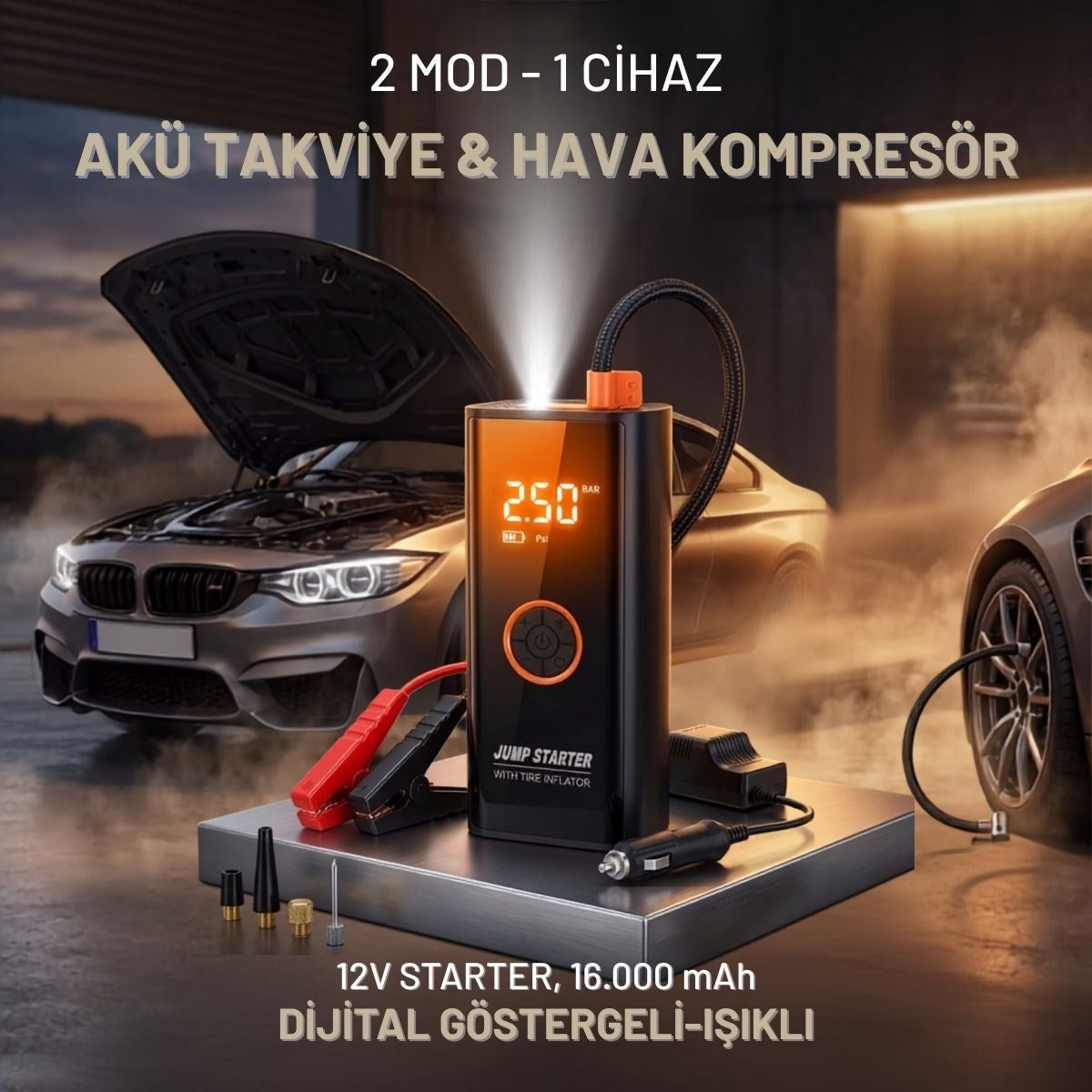 BUFFER® Akü Takviye Cihazı ve Lastik Şişirme Pompası 16000mAh – Powerbank Özellikli, Dijital Ekranlı SOS Fenerli Taşınabilir Kompresör
