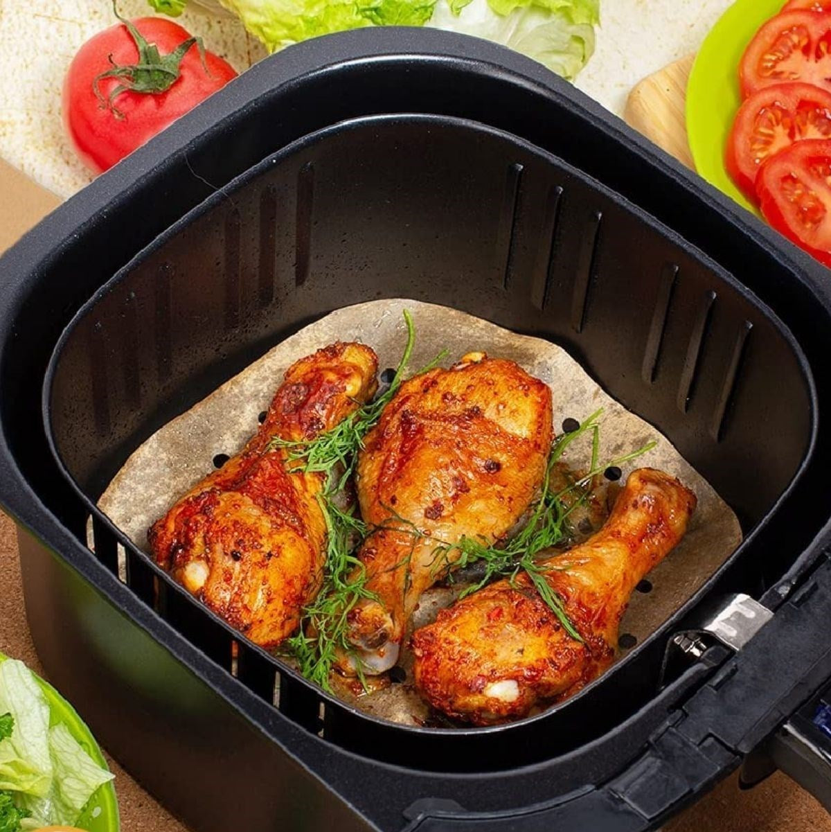 BUFFER® 250 Adet Air Fryer Pişirme Kağıdı Tek Kullanımlık Hava Fritöz Yağ Geçirmez Yapışmaz Gıda Pişirme Kağıdı Delikli Kare Model