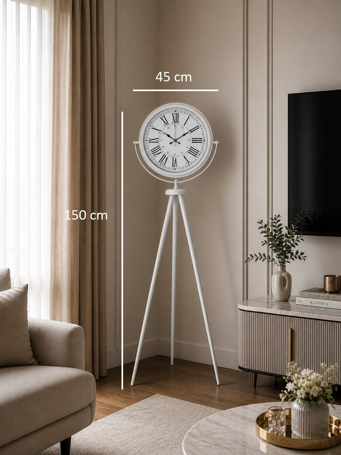 Roma Rakamlı Beyaz Tripod Ayaklı Saat