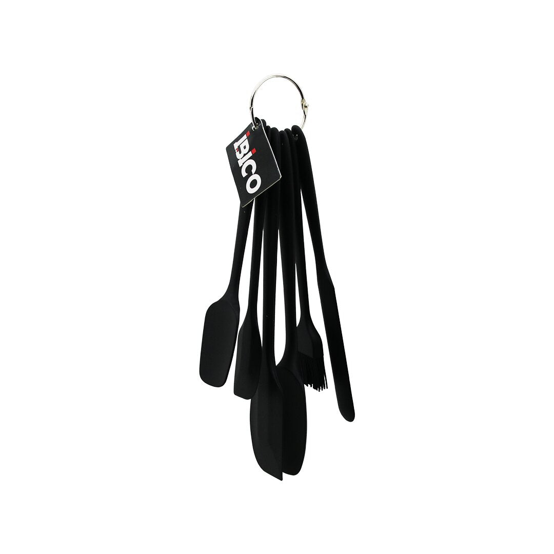 6PCS SİLİKON - SİYAH MUTFAK SETİ 2 KAŞIK - 3 SPATULA - YUMURTA FIRÇA METAL ASMA HALKALI (5643)