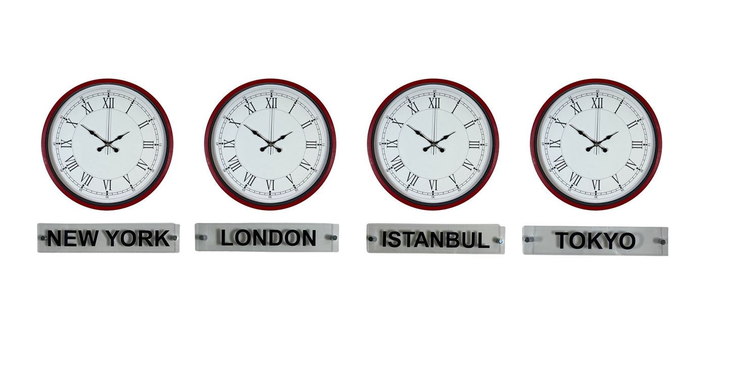 Kırmızı Klasik 36 Cm 4 lü Tabelalı Dünya Saatleri