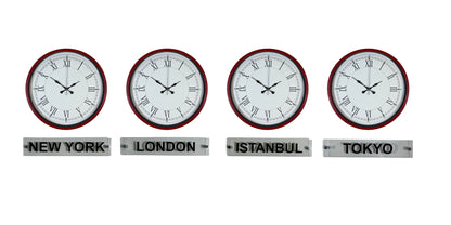 Kırmızı Klasik 36 Cm 4 lü Tabelalı Dünya Saatleri