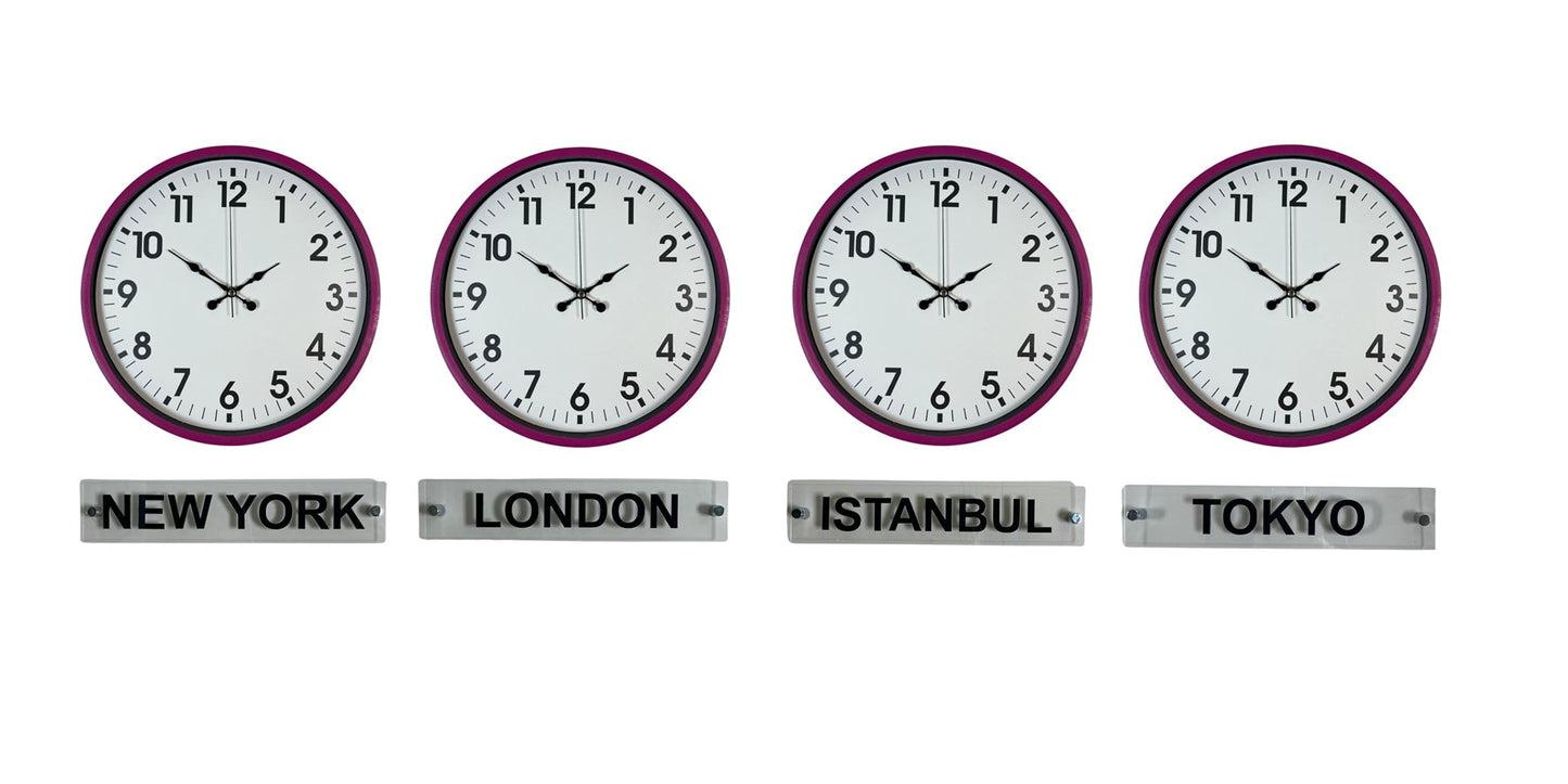 Pembe 36 Cm 4 lü Tabelalı Dünya Saatleri Seti
