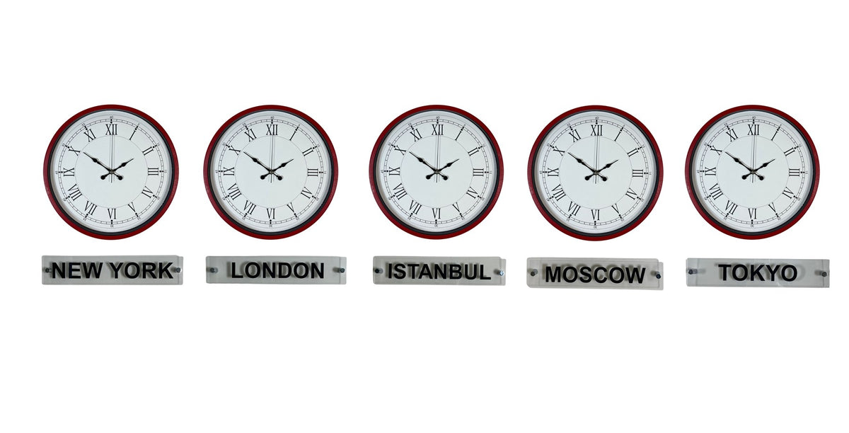 Elite Kırmızı 36 Cm 5 li Tabelalı Dünya Saatleri