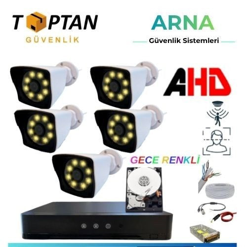 5 Kameralı 5mp Lens 1080P Warm LED Gece Renkli 320 GB HDD Dahil Güvenlik Seti