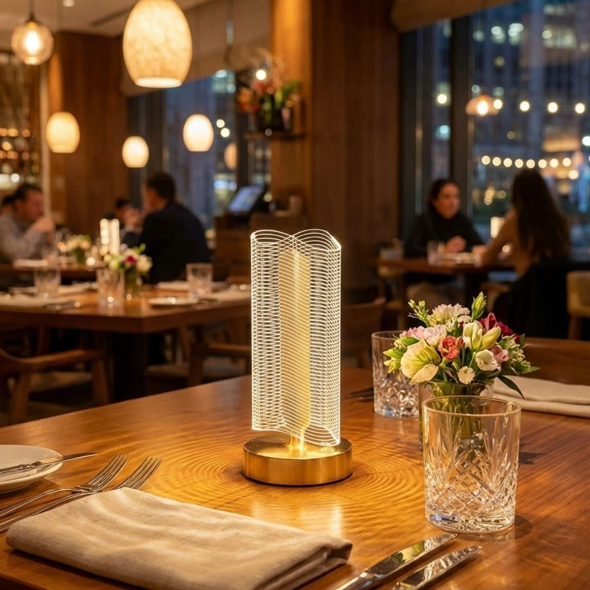 BUFFER® Dalgalı Silindirik Kristal Çizgili Model LED Masa Lambası – Gold Tabanlı, Dokunmatik, 3 Renk Işık Modlu, Şarjlı Modern Dekoratif Gece Lambası