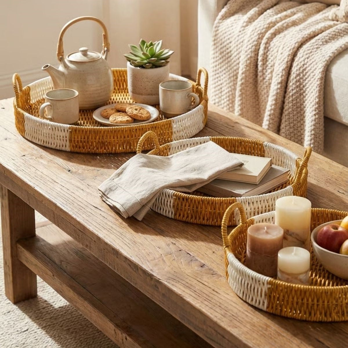 BUFFER® İç İçe Geçebilen 3’lü Yuvarlak Plastik Rattan Tepsi Seti–Çift Renkli Hasır Görünümlü Çok Amaçlı Servis ve Sunum Tepsileri