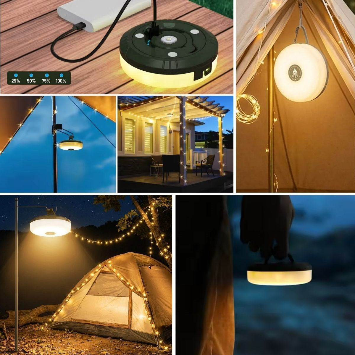 BUFFER® 2’si 1 Arada 5 Farklı Işık Modlu Gün Işığı Şarjlı Kamp Lambası ve Makaralı 10 Metre Peri LED Işık – Su Geçirmez Mıknatıslı Aydınlatma Feneri