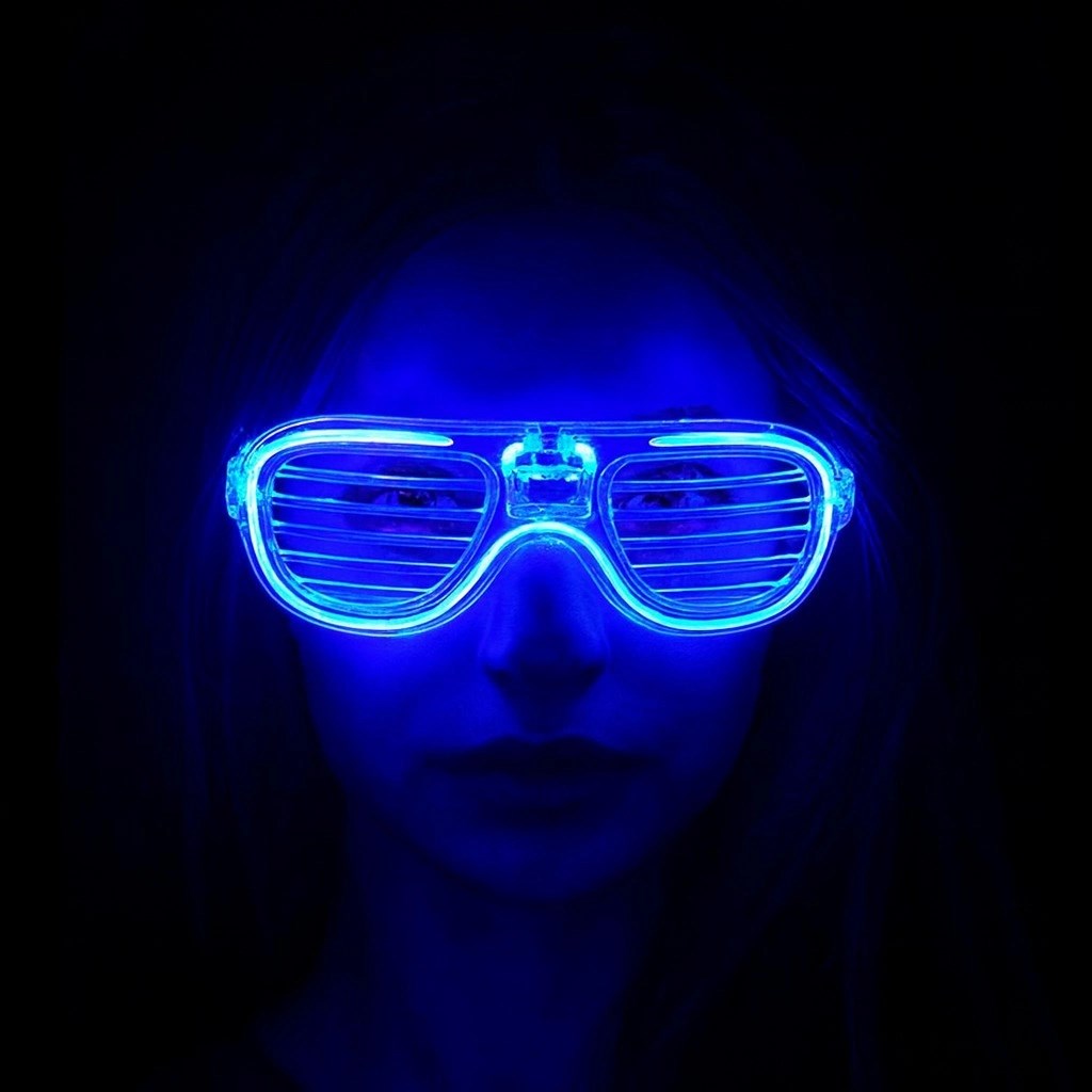 Mavi Led Işıklı Parti Gözlüğü - Neon Glow Şerit Gözlük 3 Modlu