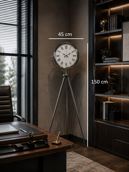 Krom Roma Rakamlı 150 x 45 Cm Metal Tripod Ayaklı Saat