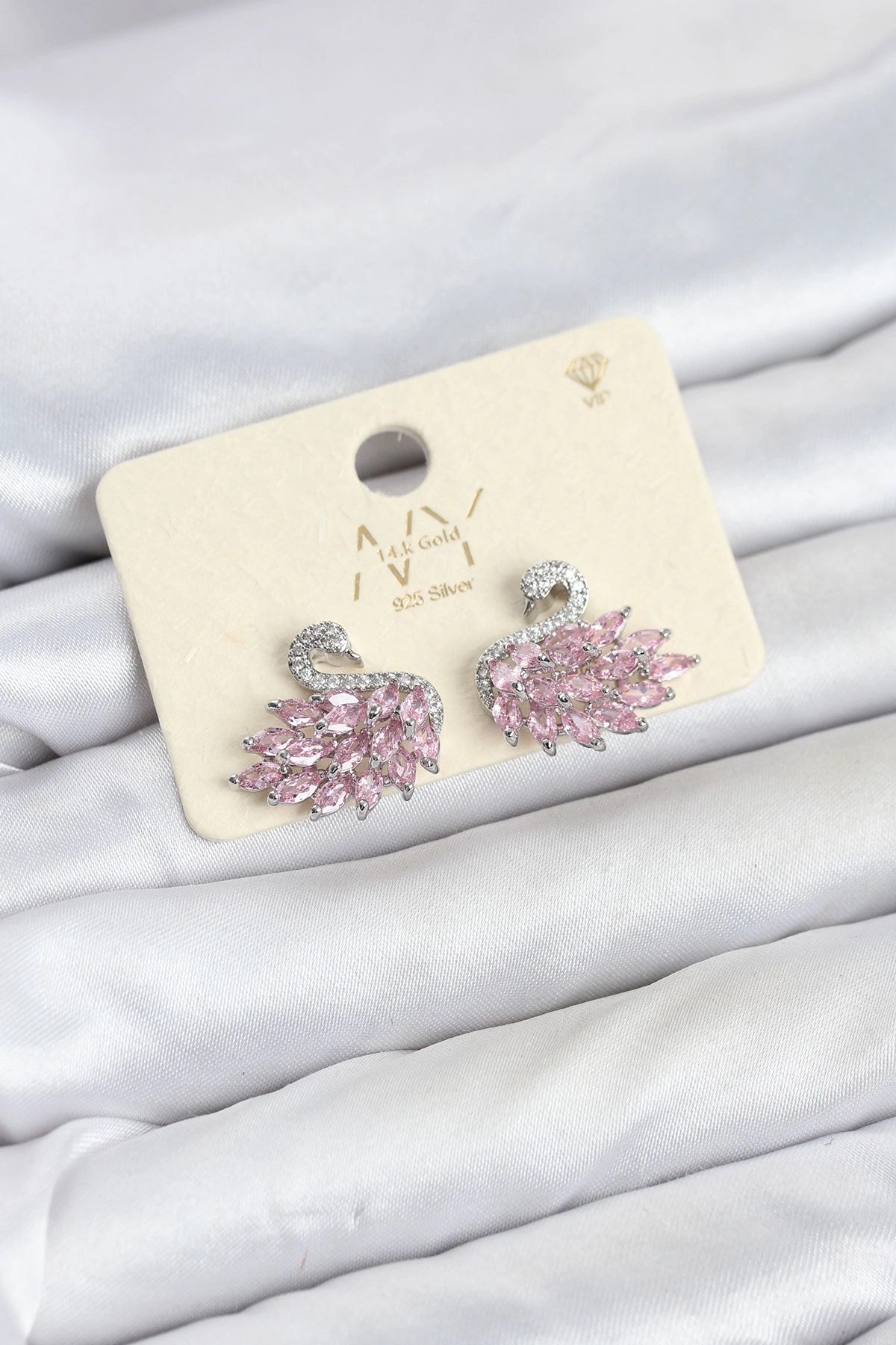 Pembe Zirkon Taşlı Gümüş Swan Kuğu Model Kadın Küpe