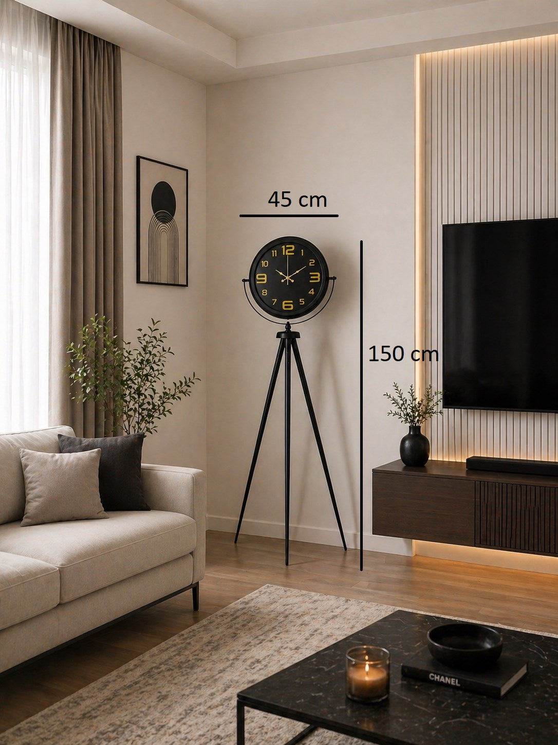 Gold Rakamlı Siyah Tripod Ayaklı Saat