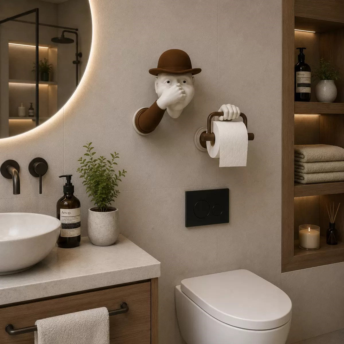 3d İnsan Figürlü Tuvalet Kağıdı Askılığı – Eğlenceli Banyo Dekoru Kahverengi