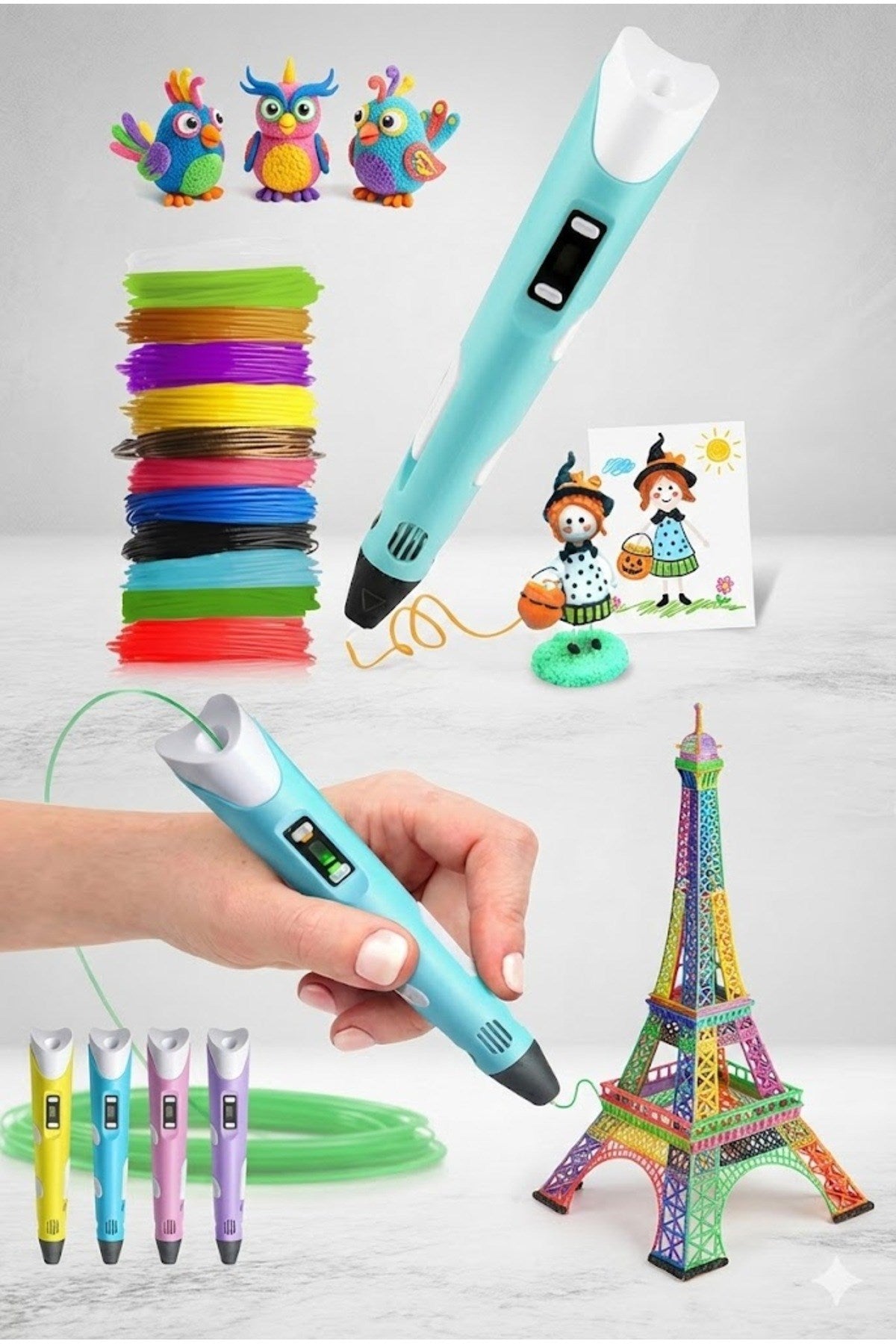 3D Kalem Seti (MOR) Dijital Göstergeli + 3 Renk Filament Hediyeli Eğitici Yazıcı ABS/PLA Uyumlu