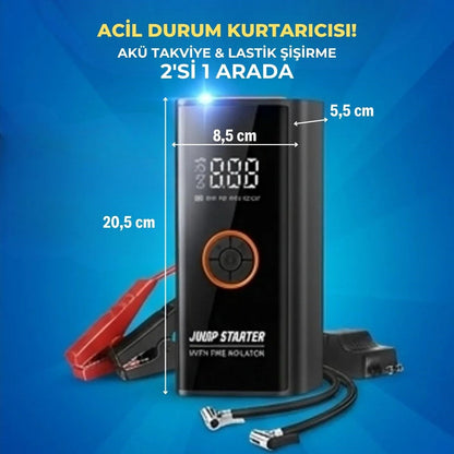 BUFFER® Akü Takviye Cihazı ve Lastik Şişirme Pompası 16000mAh – Powerbank Özellikli, Dijital Ekranlı SOS Fenerli Taşınabilir Kompresör