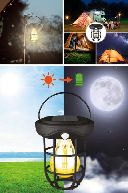 BUFFER® Solar Kamp Feneri – Güneş Enerjili, Otomatik Şarj ve Gece Işığı, Taşınabilir ve Asılabilir LED Dış Mekan Lamba