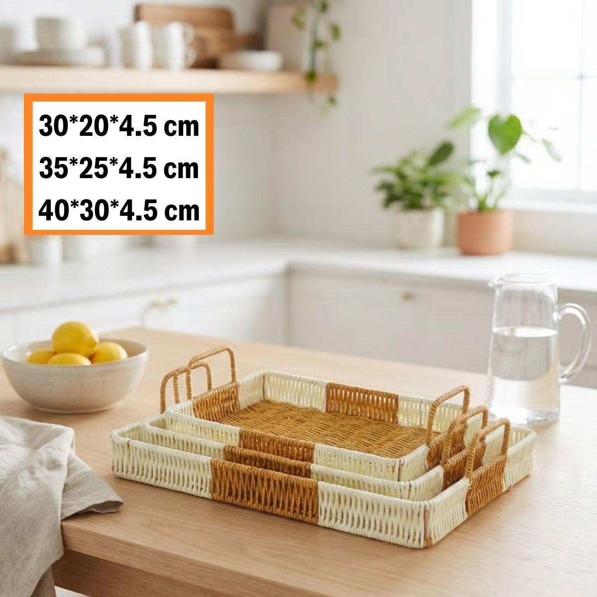 BUFFER® İç İçe Geçebilen 3’lü Dikdörtgen Plastik Rattan Tepsi Seti–Çift Renkli Hasır Görünümlü Çok Amaçlı Servis ve Sunum Tepsileri