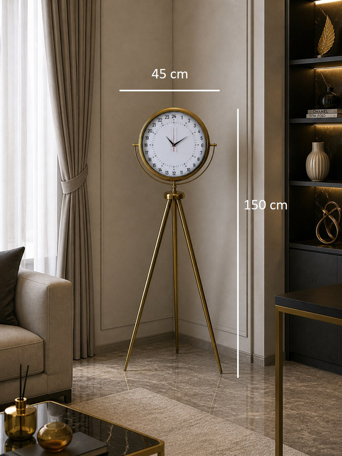 24 Saat Göstergeli Özel Tasarım Gold Tripod Ayaklı Duvar Saati