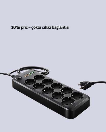 Termal Koruma Sistemli USB Type-C 10’lu Grup Priz 2m 2500W Güç Kapasiteli