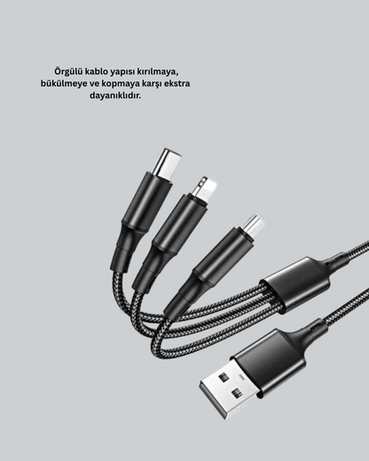 3’ü 1 Arada Hızlı Şarj Kablosu – iOS Android Type-C Uyumlu