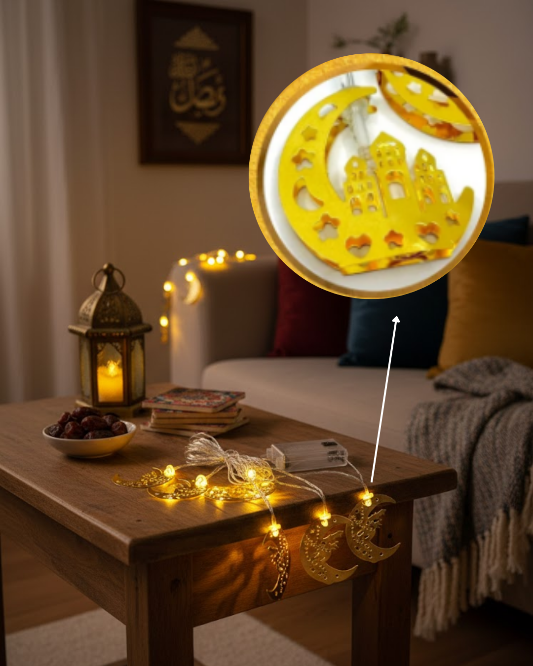 Ramazan Minare Detaylı Hilal LED Işık Günışığı Sarı Metal Süs