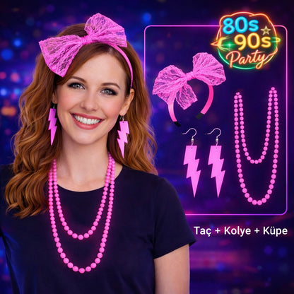 80’ler 90’lar Neon Pembe Parti Seti – Kolye Küpe Taç (5643)