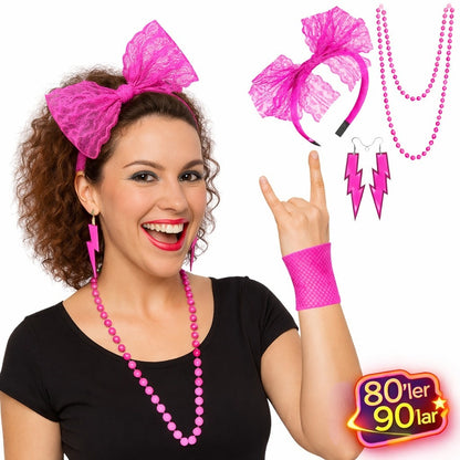 80’ler 90’lar Neon Pembe Parti Seti – Kolye Küpe Taç (5643)